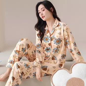 Женский пижамный комплект 2025 года, весенняя хлопковая пижама с цветочным принтом для женщин, длинный рукав и длинные брюки, кардиган, одежда для сна, пижамы, мягкая и уютная домашняя одежда M