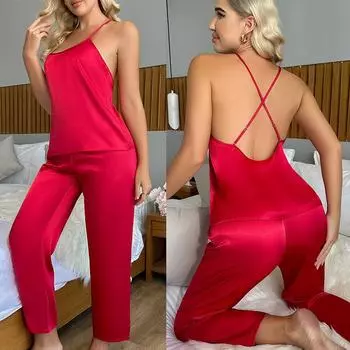 Женский пижамный комплект без рукавов с открытой спиной, топ с перекрестной лямкой на спине, прямые брюки с высокой талией, домашний комплект, дышащий легкий базовый комплект одежды для сна для женщин S красный