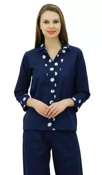 Женский пижамный комплект Bimba, ночной костюм, одежда для сна, хлопковая рубашка и брюки на пуговицах 14 темно-синий