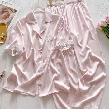 «Женский пижамный комплект Cherry – милый стиль, топ с короткими рукавами и удобные брюки для дома» L (100-115 jin recommended)