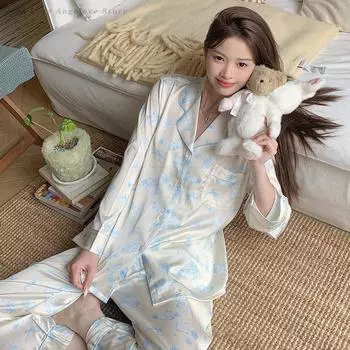 Женский пижамный комплект, домашняя одежда, мультяшный принт, цветочный принт, длинный рукав, брючные костюмы, одежда для сна, свободная атласная рубашка и брюки, домашняя одежда M