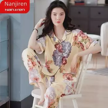 Женский пижамный комплект из 100% хлопка с короткими рукавами - летняя домашняя одежда для людей среднего и пожилого возраста 3XL