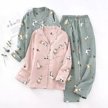 Женский пижамный комплект из 100% марлевого хлопка с принтом мультяшного кота, женская пижама из 2 предметов, рубашка с отложным воротником и брюки, удобная одежда для сна на природе M