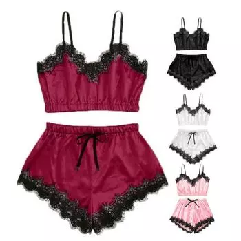 Женский пижамный комплект из 2 предметов, кружевная отделка, V-образный вырез, укороченный топ на бретельках, эластичный пояс, шорты, повседневный комплект без рукавов, домашний комплект S вино красного
