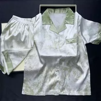 Женский пижамный комплект из 2 предметов, летний новый зеленый комплект из искусственного шелка с принтом «песок», домашняя одежда, мягкие повседневные пижамные шорты M