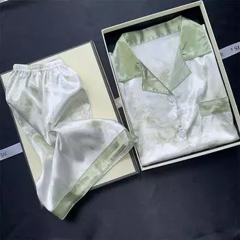 Женский пижамный комплект из 2 предметов, летний зеленый с принтом песочной живописи, комплект из двух предметов из искусственного шелка, домашняя одежда, мягкие повседневные пижамные шорты M