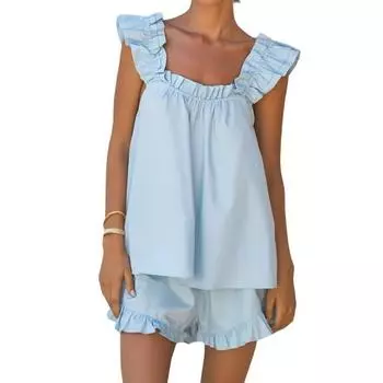 Женский пижамный комплект из 2 предметов: майка с оборками и шорты, летний комплект без рукавов для отдыха на бретельках S небесно-голубой
