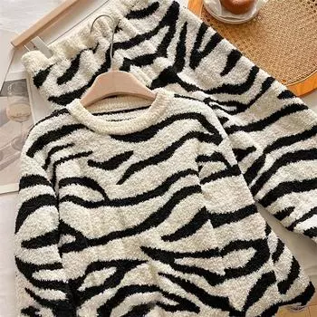 Женский пижамный комплект из 2 предметов, осенне-зимняя толстая плюшевая пижама в полоску зебры, фланелевая пижама, брюки, повседневная куртка, домашняя одежда One Size