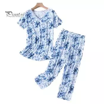 Женский пижамный комплект из 2 предметов с принтом, короткий рукав, круглый вырез, длинные брюки, комплект одежды для сна, летняя повседневная домашняя одежда S синий