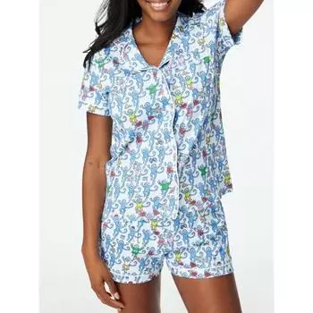 Женский пижамный комплект из 2 предметов с принтом обезьяны, футболка с коротким рукавом и застежкой на пуговицы + шорты, домашняя одежда для сна, подходящие наряды S синий