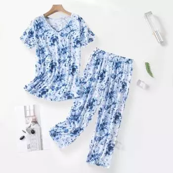 Женский пижамный комплект из 2 предметов с принтом, короткий рукав, круглый вырез, длинные брюки, комплект одежды для сна, летняя повседневная домашняя одежда S синий