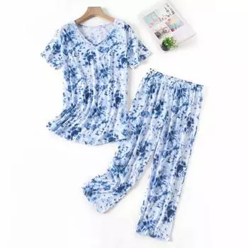 Женский пижамный комплект из 2 предметов с принтом, короткий рукав, круглый вырез, длинные брюки, комплект одежды для сна, летняя повседневная домашняя одежда S синий