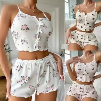 Женский пижамный комплект из 2 предметов с принтом, укороченный топ без рукавов и шорты, комплект одежды для сна, летние комплекты для отдыха в рубчик M светло-розовый