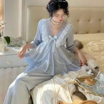 Женский пижамный комплект из 2 предметов в стиле французского дворца, пижамный костюм принцессы, весенне-летний комплект с короткими рукавами, домашняя одежда для отдыха M синий