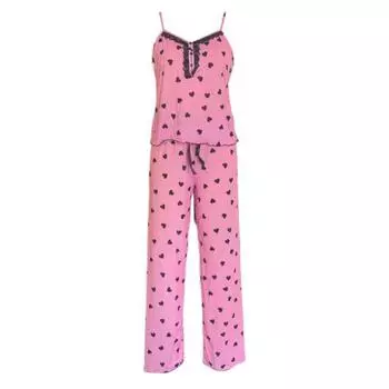 Женский пижамный комплект из 2 шт./компл., атласный кружевной топ без рукавов с принтом сердца, брюки с эластичной резинкой на талии и бантом, домашняя одежда, топ, брюки, костюм, женская летняя одежда для сна S розовый