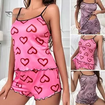 Женский пижамный комплект из 2 шт./компл., с принтом в виде сердца, с гофрировкой на тонких бретельках без рукавов, с эластичной резинкой на талии, мягкая шелковистая домашняя одежда, топ и шорты, комплект женской одежды для сна L розовый