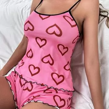 Женский пижамный комплект из 2 шт./компл., с принтом в виде сердца, с гофрировкой на тонких бретельках без рукавов, с эластичной резинкой на талии, мягкая шелковистая домашняя одежда, топ и шорты, комплект женской одежды для сна L розовый