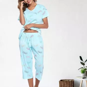 Женский пижамный комплект из 2 шт./компл. с V-образным вырезом и принтом бабочки с коротким рукавом и эластичной резинкой на талии, свободные тонкие широкие ноги, одежда для сна для мамы и бабушки, комплект укороченных брюк M зелёный