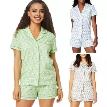 Женский пижамный комплект из 2 шт./компл., однобортная футболка с короткими рукавами и принтом кролика, шорты с эластичной резинкой на талии, женские шорты из 2 шт./компл. M зелёный