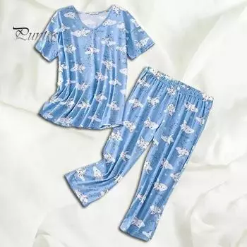 Женский пижамный комплект из 2 шт./компл. с V-образным вырезом и принтом бабочки с коротким рукавом и эластичной резинкой на талии, свободные тонкие широкие ноги, одежда для сна для мамы и бабушки, комплект укороченных брюк M зелёный