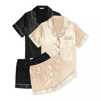 Женский пижамный комплект из 2 шт./компл., однобортный однобортный топ с эластичной резинкой на талии и короткими рукавами, однотонный шелковистый лацкан M шампанского