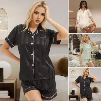 Женский пижамный комплект из 2 шт./компл., однотонный однобортный эластичный топ с короткими рукавами и лацканами в шелковистую полоску M белый