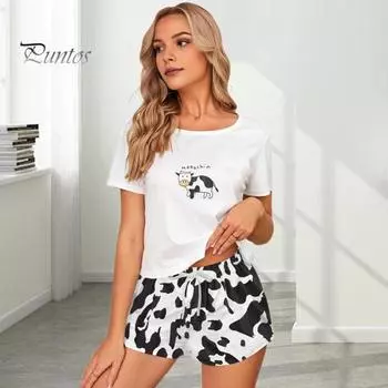 Женский пижамный комплект из 2 шт./компл. с коротким рукавом и круглым вырезом, футболка с принтом коровы на шнуровке, эластичная резинка на талии, короткие штаны, домашняя одежда, топ, шорты, комплект, женский летний комплект S чёрный