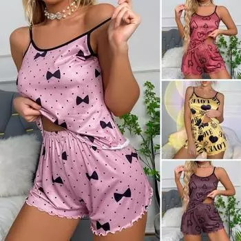 Женский пижамный комплект из 2 шт./компл. с принтом в виде сердца и гофрированными гофрированными бретельками без рукавов с эластичной резинкой на талии, мягкий шелковистый комплект домашней одежды с верхом и шортами M красный