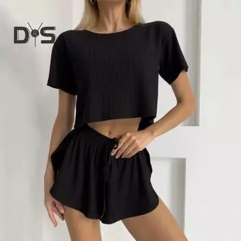 Женский пижамный комплект из 2 шт./компл. с круглым вырезом, чистый цвет, футболка с короткими рукавами, свободные шорты с эластичной резинкой на талии, спортивная одежда, комплект женских топов с шортами S розовый