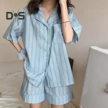 Женский пижамный комплект из 2 шт./компл., контрастный цветной полосатый принт с лацканами, с коротким рукавом, эластичная талия, свободная широкая домашняя одежда, одежда для сна, блузка, шорты, комплект M синий