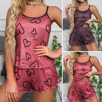 Женский пижамный комплект из 2 шт./компл., с круглым вырезом, без рукавов, с сердечным принтом, на бретелях, эластичный топ с высокой талией и гофрированными краями, шорты свободного покроя, домашняя одежда, жилет, шорты, комплект 2XL фиолетовый