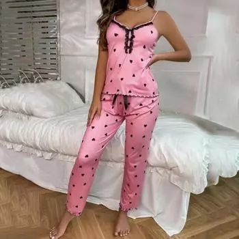 Женский пижамный комплект из 2 шт./компл., атласный кружевной топ без рукавов с принтом сердца, брюки с эластичной резинкой на талии и бантом, домашняя одежда, топ, брюки, костюм, женская летняя одежда для сна