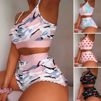 Женский пижамный комплект из 2 шт./компл., топ без рукавов с принтом на бретелях и эластичной резинкой с высокой талией, присборенные края, облегающие шорты, домашняя одежда, комплект с жилетом и шортами M