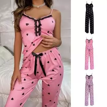 Женский пижамный комплект из 2 шт./компл., атласный кружевной топ без рукавов с принтом сердца, брюки с эластичной резинкой на талии и бантом, домашняя одежда, топ, брюки, костюм, женская летняя одежда для сна, гостиная 2XL розовый