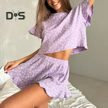 Женский пижамный комплект из 2 шт./компл. с принтом в виде сердца с рюшами и круглым вырезом, футболка с короткими рукавами, шорты с эластичной резинкой на талии, женская одежда для дома, комплект одежды для сна, домашний топ, шорты S белый