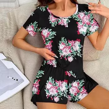 Женский пижамный комплект из 2 шт./компл. с коротким рукавом и круглым вырезом с цветочным принтом, футболка с эластичной резинкой на талии, короткие штаны, домашняя одежда, топ и шорты, комплект женской летней пижамы XL белый