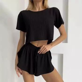 Женский пижамный комплект из 2 шт./компл. с круглым вырезом, чистый цвет, футболка с короткими рукавами, свободные шорты с эластичной резинкой на талии, спортивная одежда, комплект женских топов с шортами S розовый