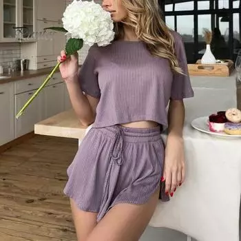 Женский пижамный комплект из 2 шт./компл. с круглым вырезом, чистый цвет, футболка с короткими рукавами, свободные шорты с эластичной резинкой на талии, спортивная одежда, комплект женских топов с шортами S розовый