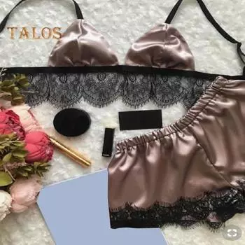 Женский пижамный комплект из 2 шт./компл., прозрачный кружевной атласный лоскутный комплект с бантом на тонких бретельках, топ без рукавов, шорты с эластичной резинкой на талии, летняя одежда для сна M серый