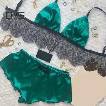 Женский пижамный комплект из 2 шт./компл., прозрачный кружевной атласный лоскутный комплект с бантом на тонких бретельках, топ без рукавов, шорты с эластичной резинкой на талии, летняя одежда для сна XL зелёный