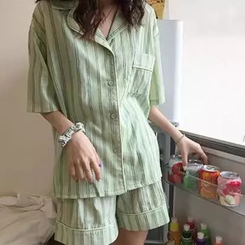 Женский пижамный комплект из 2 шт./компл., контрастный цветной полосатый принт с лацканами, с коротким рукавом, эластичная талия, свободная широкая домашняя одежда, одежда для сна, блузка, шорты, комплект M синий