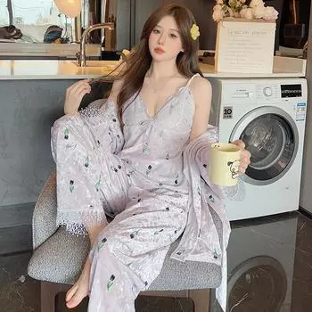Женский пижамный комплект из 3 предметов, кружевной комбинезон, халат, пижама, осенняя и зимняя бархатная домашняя одежда, пижама, повседневная одежда M