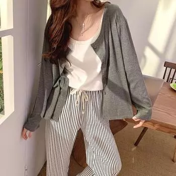 Женский пижамный комплект из 3 предметов, женский халат с милым полосатым принтом, верхняя часть, брюки, домашняя одежда, повседневная, на шнурке, корейский шик, элегантная одежда для сна M