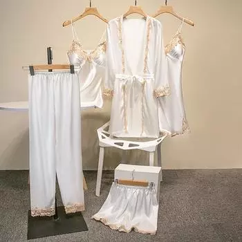 Женский пижамный комплект из 5 шт./компл., ночная рубашка, ночная рубашка, топ, шорты, комплект из шелковистых атласных кружев, лоскутный комплект, свободный комплект домашней одежды со шнуровкой на талии, тонкий женский комплект домашней одежды S вино кр