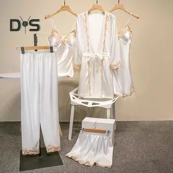 Женский пижамный комплект из 5 шт./компл., ночная рубашка, ночная рубашка, топ, шорты, комплект из шелковистых атласных кружев, лоскутный комплект, свободный комплект домашней одежды со шнуровкой на талии, тонкий женский комплект домашней одежды S розовый