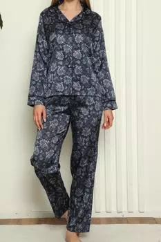 Женский пижамный комплект из атласа с длинными рукавами и пуговицами