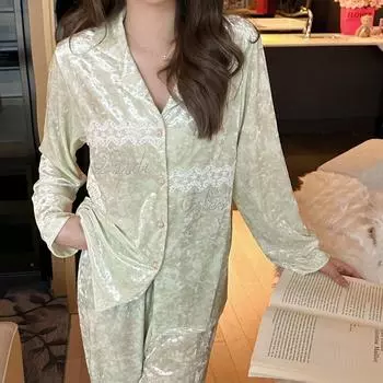 Женский пижамный комплект из бархата, домашняя одежда с длинным рукавом, стиль принцессы, комплект из 2 предметов, пижама, сексуальная пижама с кружевным воротником M розовый