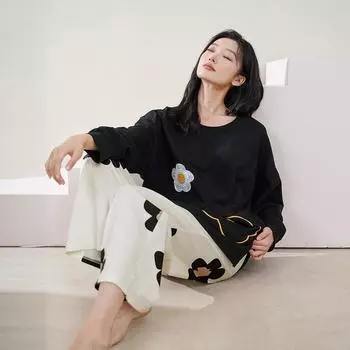 Женский пижамный комплект из чистого хлопка с длинными рукавами и нагрудными накладками — большой размер, весна/осень 2025 г. L for 110-140 jin