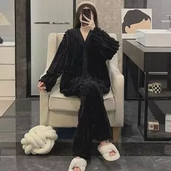 Женский пижамный комплект из длинноворсовой фланели с V-образным вырезом - однотонный кардиган свободного покроя для осени/зимы M, L чёрный/чистый