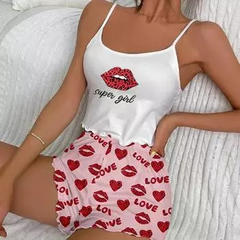 Женский пижамный комплект из двух частей с принтом, женский топ с круглым вырезом и подвязками на резинке на талии, повседневный пижамный комплект с принтом M белый